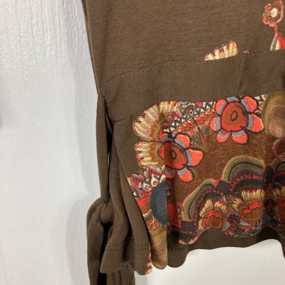 NWT DESIGUAL Top EU L~US M Brown Floral Rhinestone Art Tie-Bow-Side Long-Sleeve - Picture 4 of 11